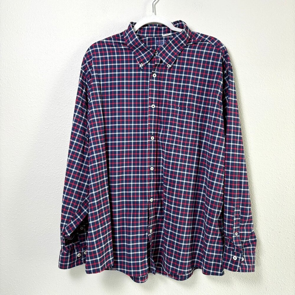 Brooks Brothers Button Down Shirt Mens Size XXL Blue Red Plaid Long Sleeve Nylon